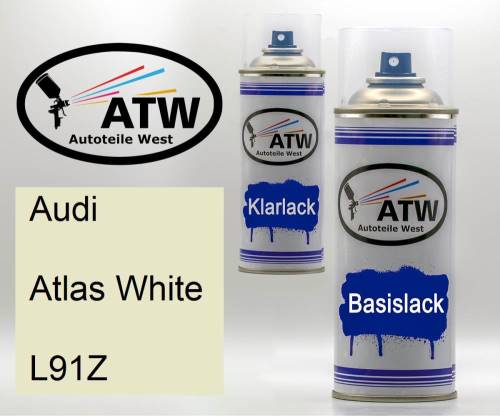 Audi, Atlas White, L91Z: 400ml Sprühdose + 400ml Klarlack - Set, von ATW Autoteile West.